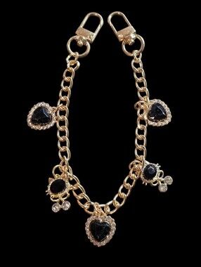 Gold-Tone Heart Charm Dangle Bag Chain- Black Crystal